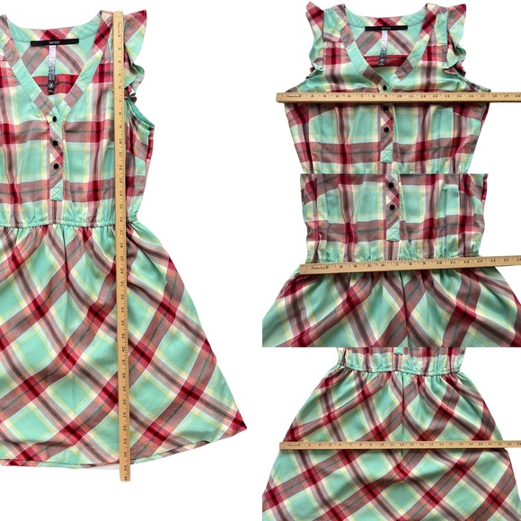 Kensie Womens Sz Small Teal Red Plaid Button Front Sleeveless Ruffle Flowy Dress - Picture 4 of 16
